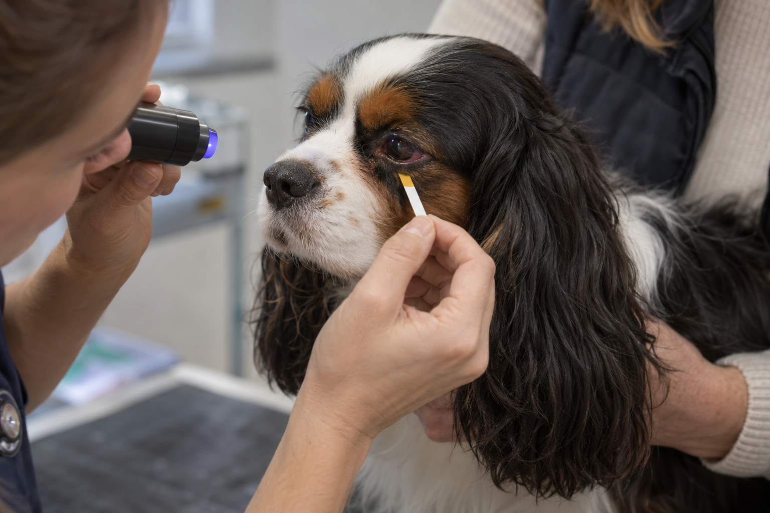 Veterinár vyšetruje povrch oka psa